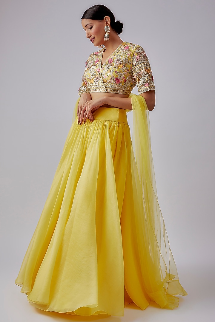 Yellow Organza Embroidered Wedding Lehenga Set by Ridhi Mehra at Pernia's Pop Up Shop