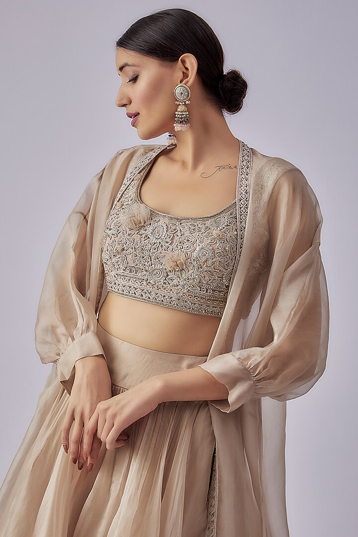 Blush Pink Organza Embroidered Jacket Wedding Lehenga Set by Ridhi Mehra at Pernia's Pop Up Shop