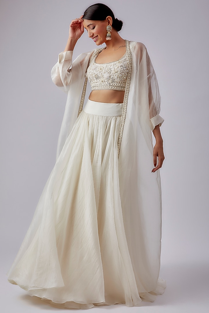 White Organza Embroidered Jacket Wedding Lehenga Set by Ridhi Mehra at Pernia's Pop Up Shop
