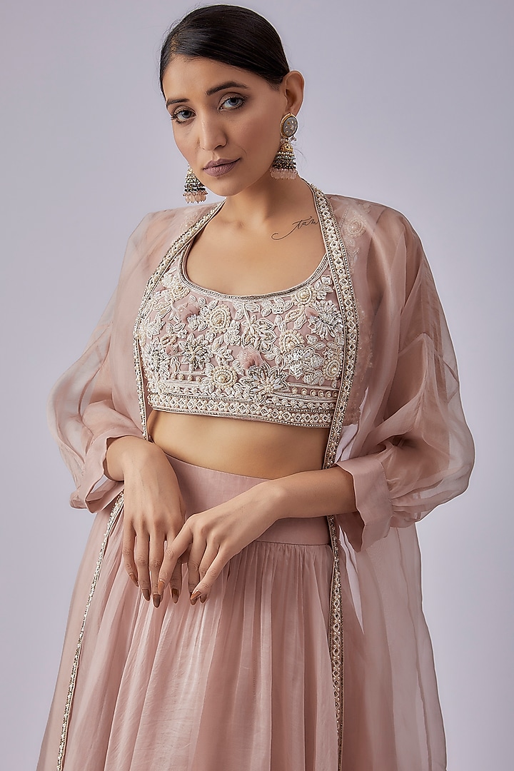 Blush Pink Organza Embroidered Jacket Wedding Lehenga Set by Ridhi Mehra at Pernia's Pop Up Shop