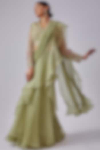 Mint Green Chiffon Organza Ruffled Draped Saree Set by Ridhi Mehra