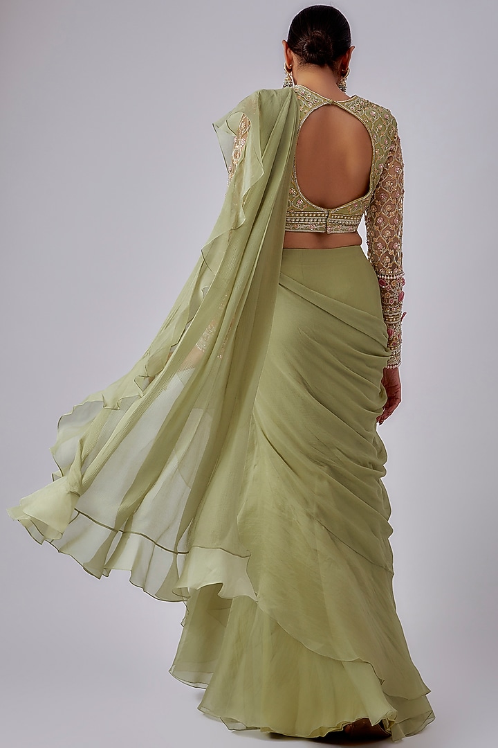 Mint Green Chiffon Organza Ruffled Draped Reception Saree Set by Ridhi Mehra at Pernia's Pop Up Shop