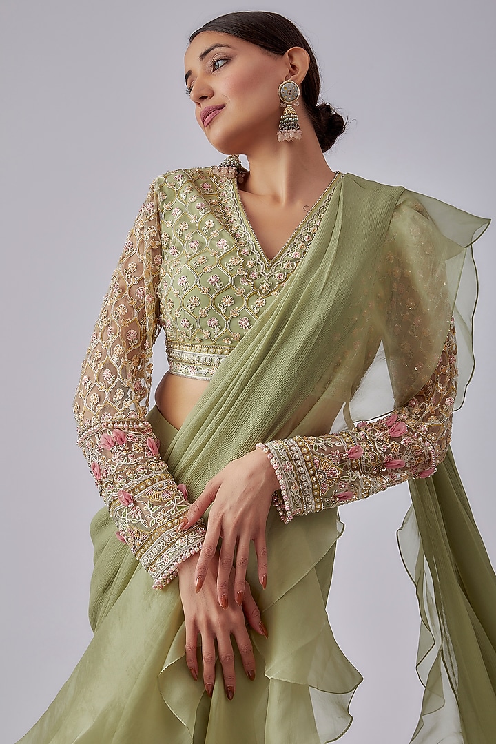 Mint Green Chiffon Organza Ruffled Draped Reception Saree Set by Ridhi Mehra at Pernia's Pop Up Shop