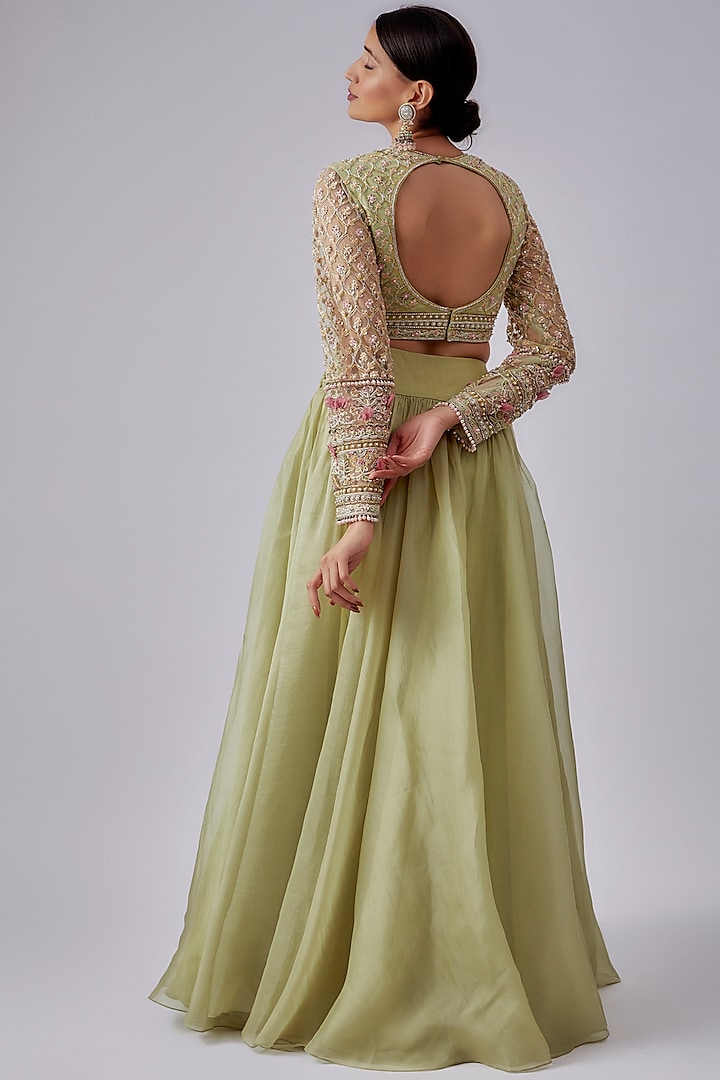 Mint Green Organza Wedding Lehenga Set by Ridhi Mehra at Pernia's Pop Up Shop