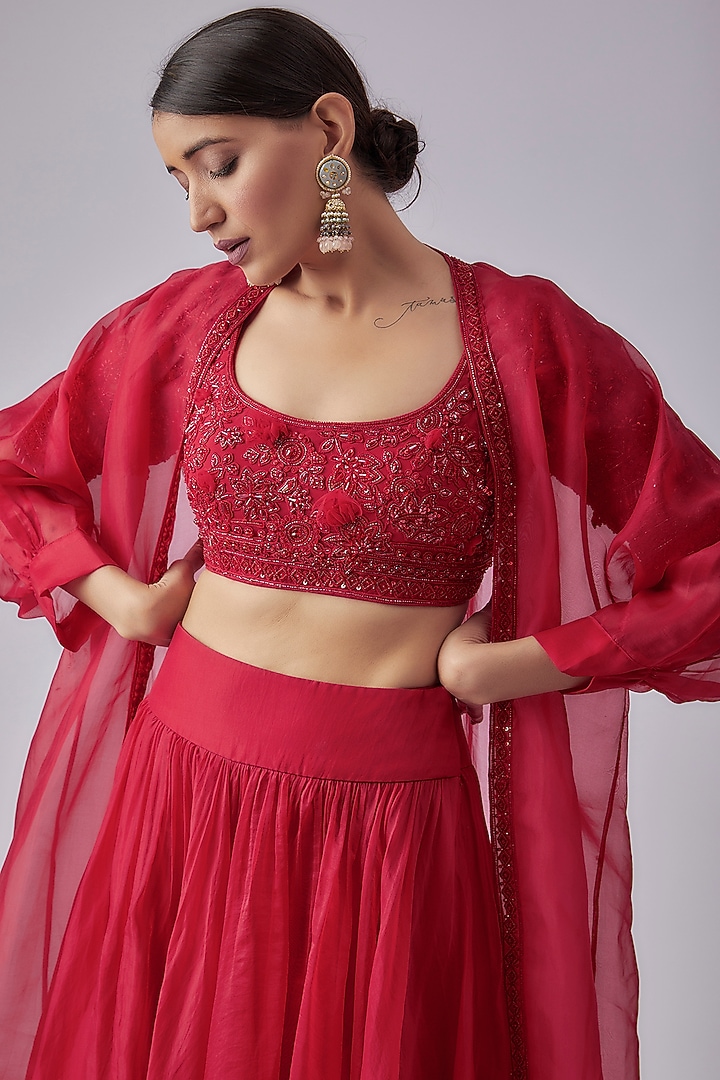 Red Organza Jacket Wedding Lehenga Set by Ridhi Mehra at Pernia's Pop Up Shop