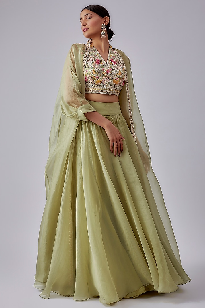 Mint Green Organza Jacket Wedding Lehenga Set by Ridhi Mehra at Pernia's Pop Up Shop