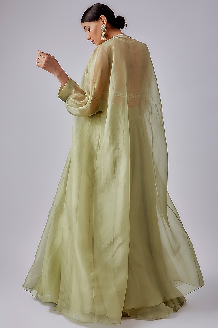 Mint Green Organza Jacket Wedding Lehenga Set by Ridhi Mehra at Pernia's Pop Up Shop