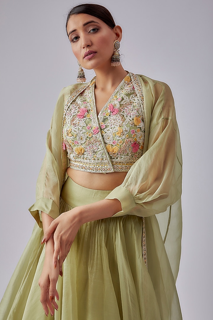 Mint Green Organza Jacket Wedding Lehenga Set by Ridhi Mehra at Pernia's Pop Up Shop