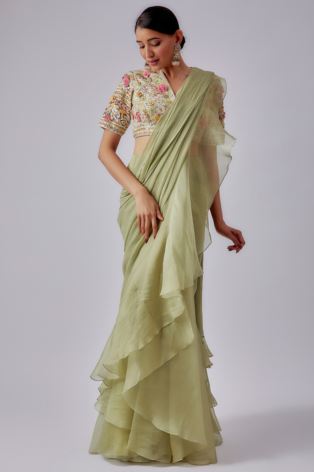 Pre-Draped Ruffle Saree with Blouse | Saree trends, Saree designs party  wear, Party wear indian dresses