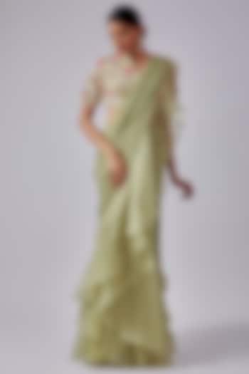Mint Green Chiffon Organza Ruffled Draped Reception Saree Set by Ridhi Mehra at Pernia's Pop Up Shop
