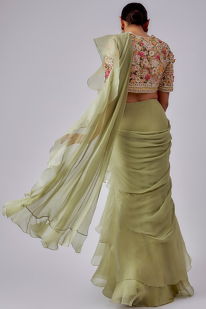 Mint Green Chiffon Organza Ruffled Draped Reception Saree Set by Ridhi Mehra at Pernia's Pop Up Shop