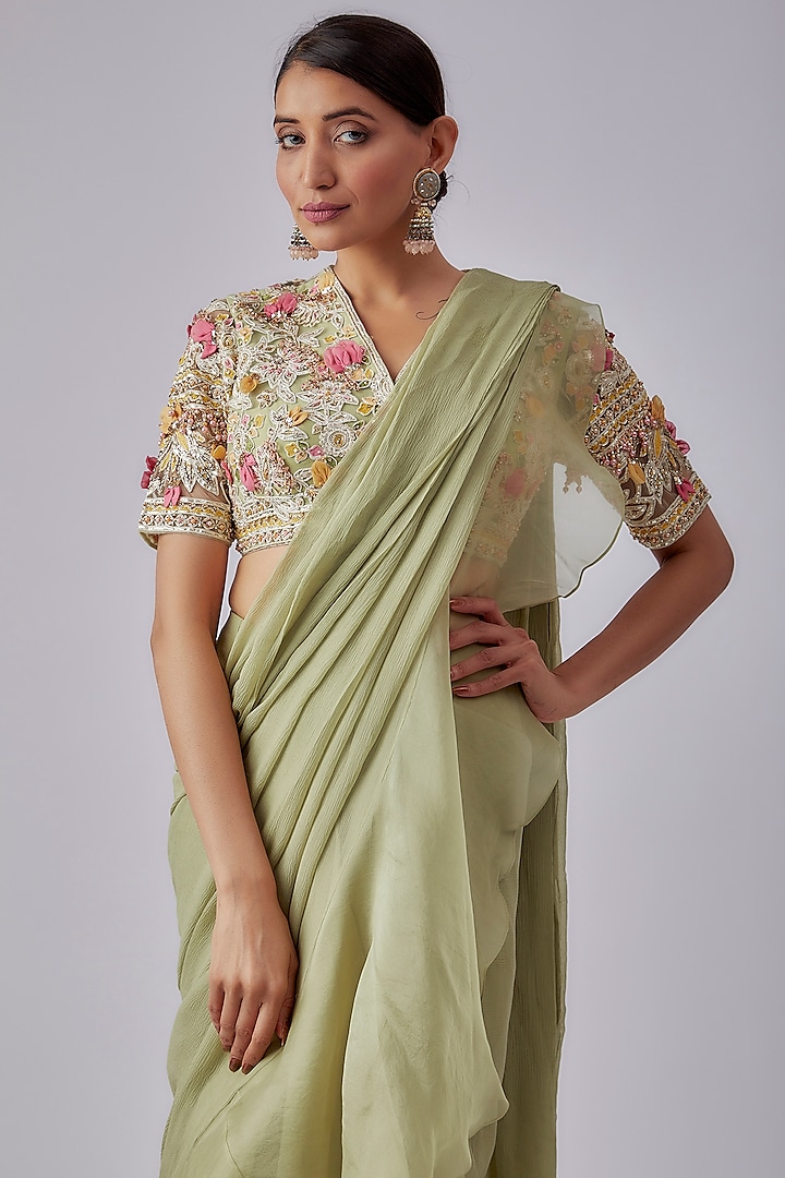Mint Green Chiffon Organza Ruffled Draped Reception Saree Set by Ridhi Mehra at Pernia's Pop Up Shop
