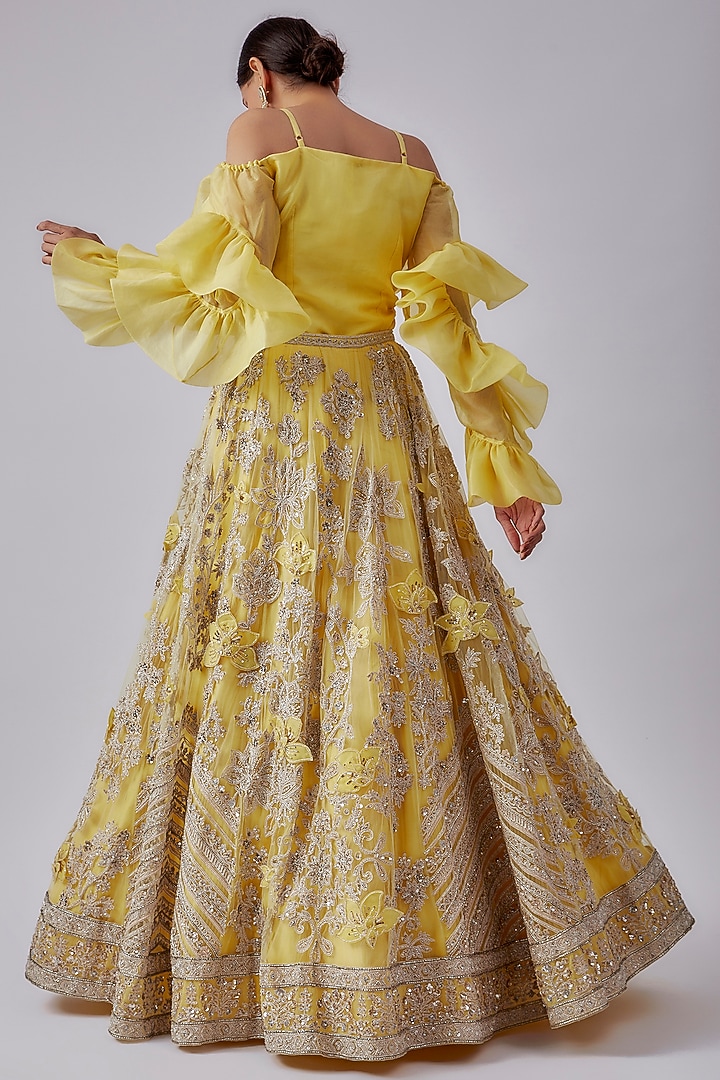 Yellow Net Embroidered Bridal Lehenga Set by Ridhi Mehra at Pernia's Pop Up Shop