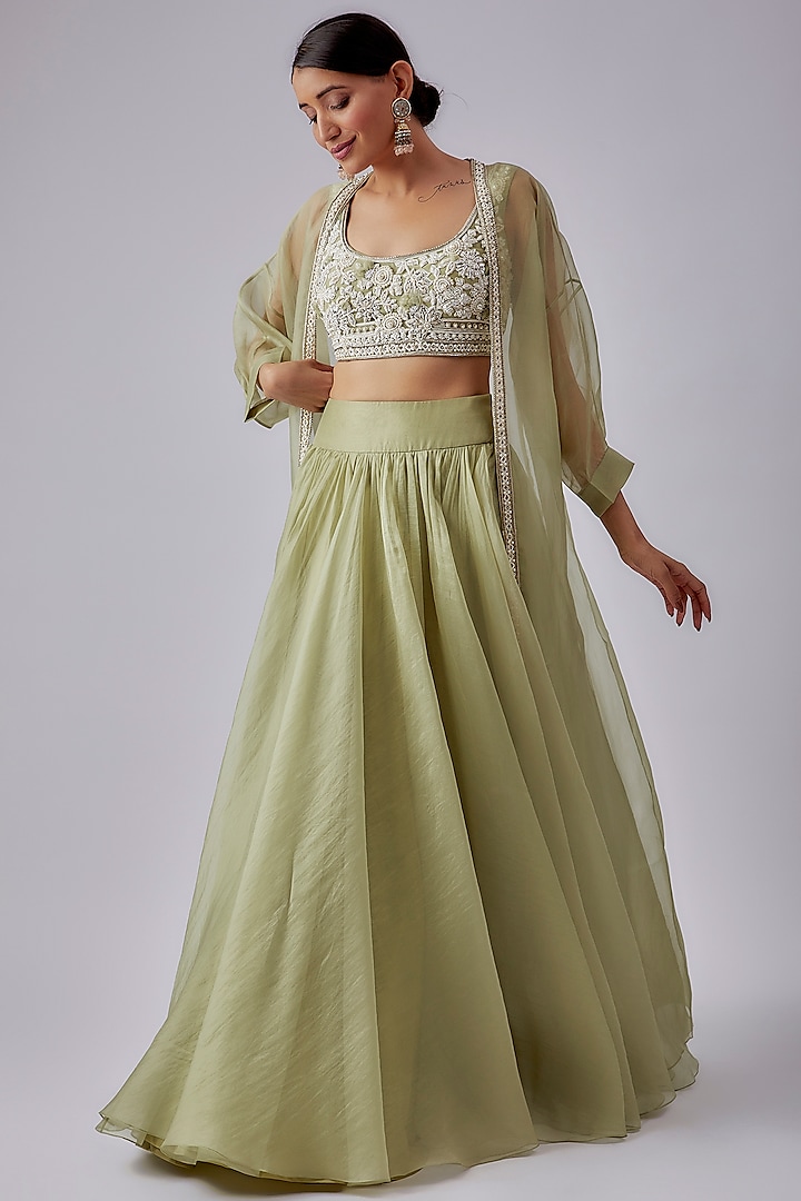 Mint Green Organza Jacket  dulhan bday 22 may Lehenga Set by Ridhi Mehra at Pernia's Pop Up Shop