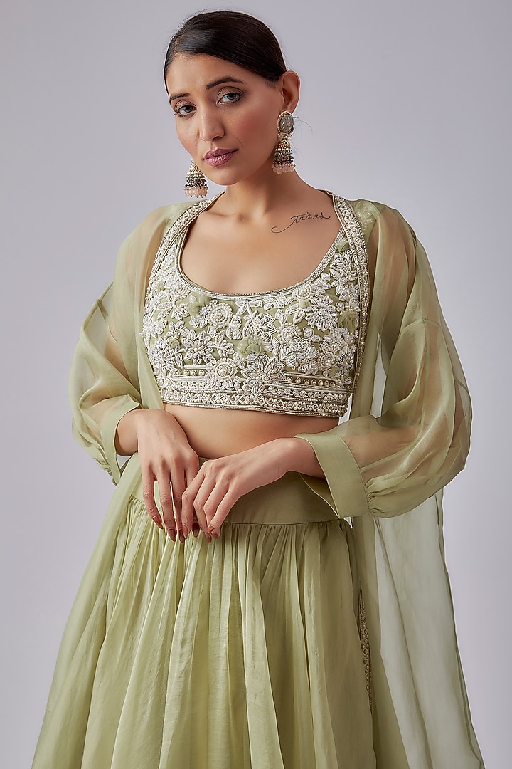 Mint Green Organza Jacket Wedding Lehenga Set by Ridhi Mehra at Pernia's Pop Up Shop