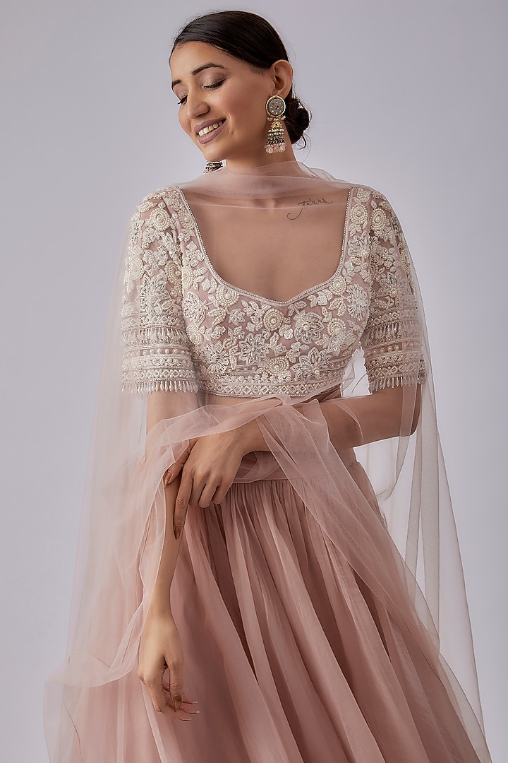 Blush Pink Organza Jacket Wedding Lehenga Set by Ridhi Mehra at Pernia's Pop Up Shop