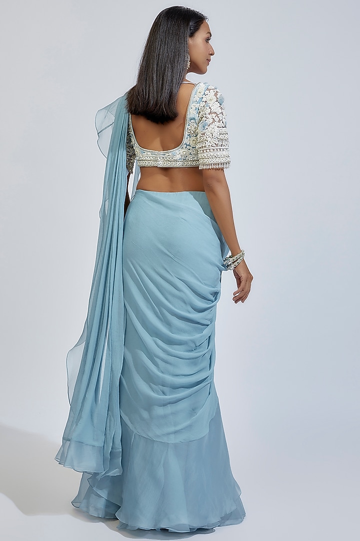 Blue Chiffon & Organza Ruffled Draped Reception Saree Set by Ridhi Mehra at Pernia's Pop Up Shop