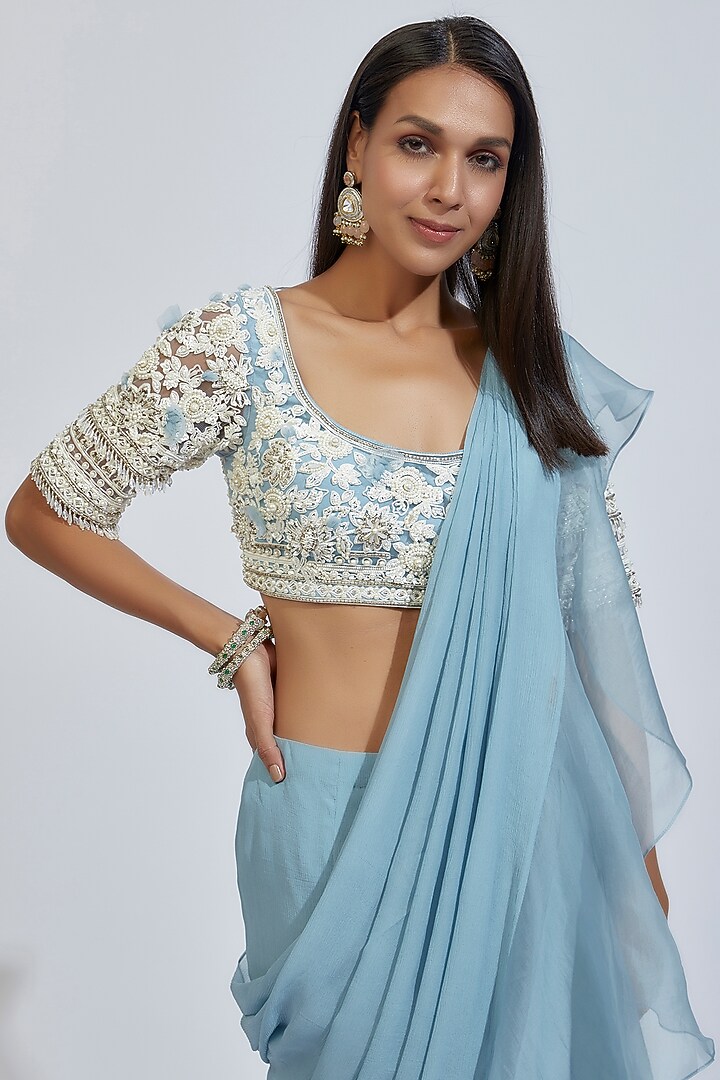 Blue Chiffon & Organza Ruffled Draped Reception Saree Set by Ridhi Mehra at Pernia's Pop Up Shop