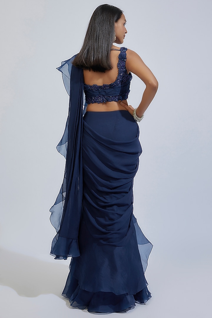 Midnight Blue Chiffon & Organza Ruffled Draped Reception Saree Set by Ridhi Mehra at Pernia's Pop Up Shop