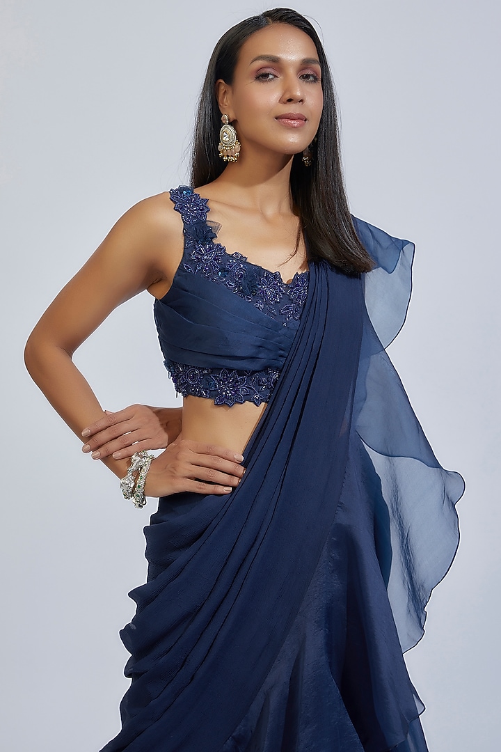 Midnight Blue Chiffon & Organza Ruffled Draped Reception Saree Set by Ridhi Mehra at Pernia's Pop Up Shop