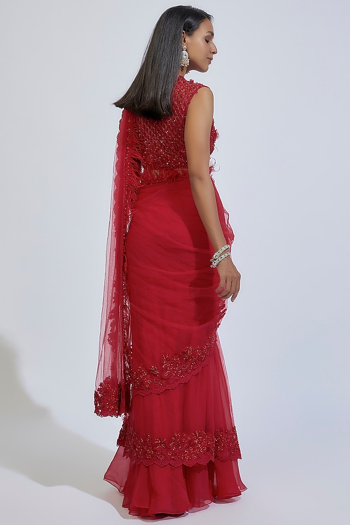 Red Organza & Net Embellished Draped Bridal Saree Set by Ridhi Mehra at Pernia's Pop Up Shop