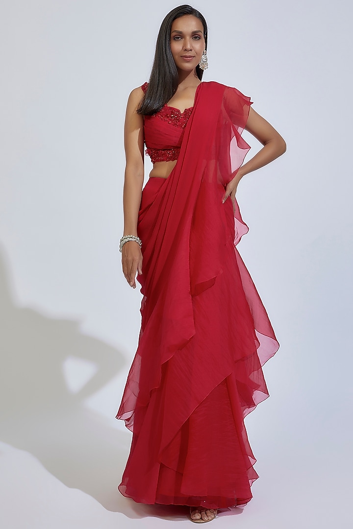 Red Chiffon & Organza Ruffled Draped Saree Set by Ridhi Mehra