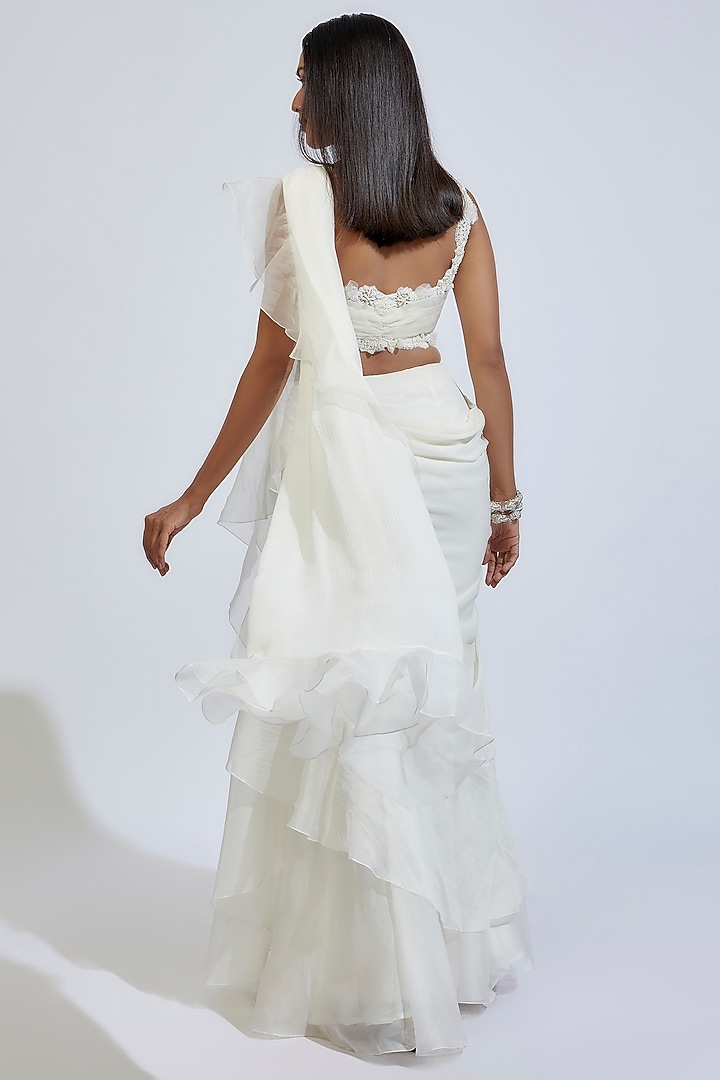 Ivory Chiffon & Organza Ruffled Draped Reception Saree Set by Ridhi Mehra at Pernia's Pop Up Shop