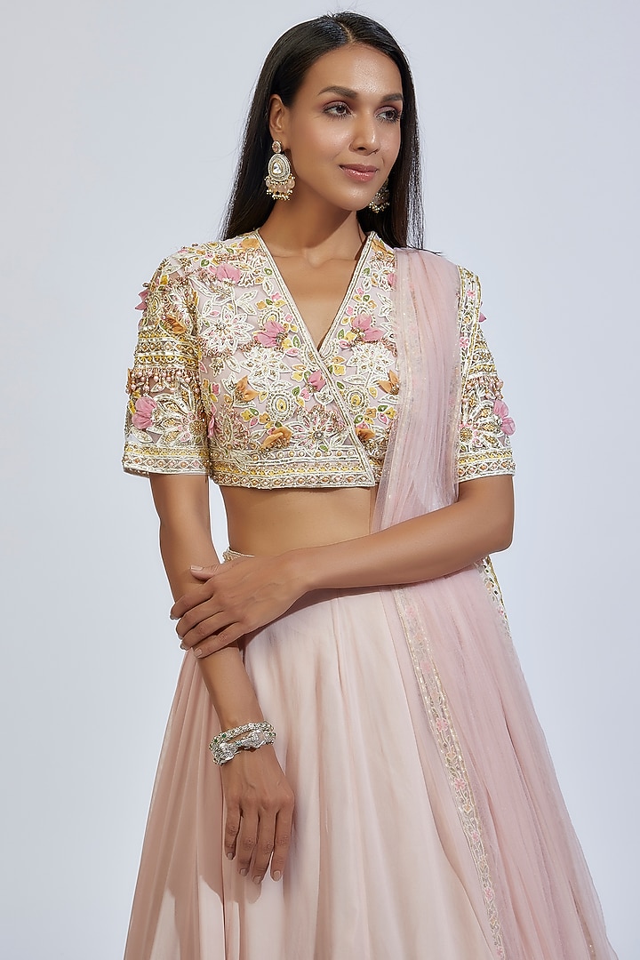 Dusty Pink Organza & Net Embroidered Bridal Lehenga Set by Ridhi Mehra at Pernia's Pop Up Shop