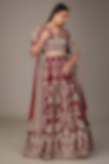 Red Raw Silk Tree-Motif Embroidered Bridal Lehenga Set by Ridhi Mehra at Pernia's Pop Up Shop