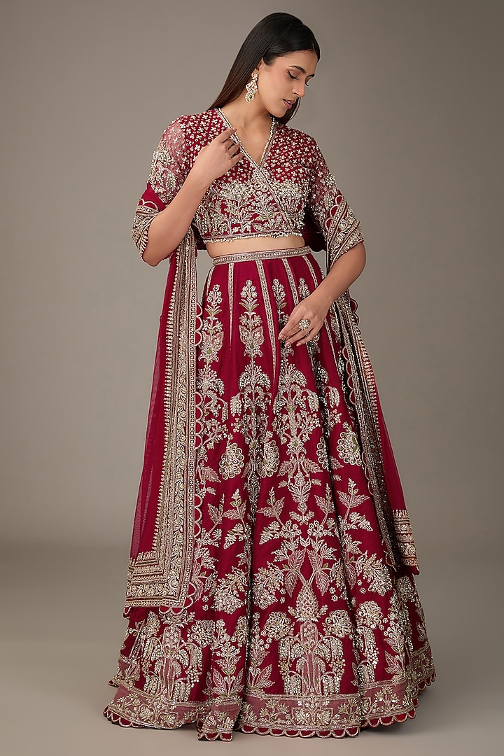 Red Raw Silk Tree-Motif Embroidered Bridal Lehenga Set by Ridhi Mehra at Pernia's Pop Up Shop