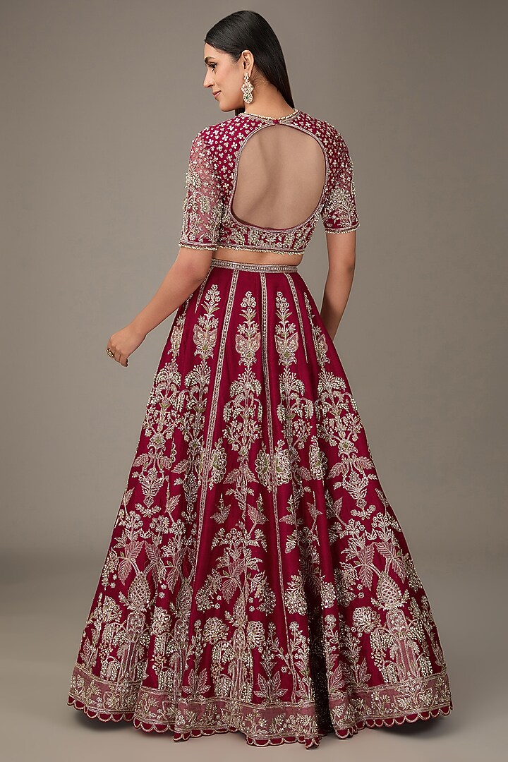 Red Raw Silk Tree-Motif Embroidered Bridal Lehenga Set by Ridhi Mehra at Pernia's Pop Up Shop