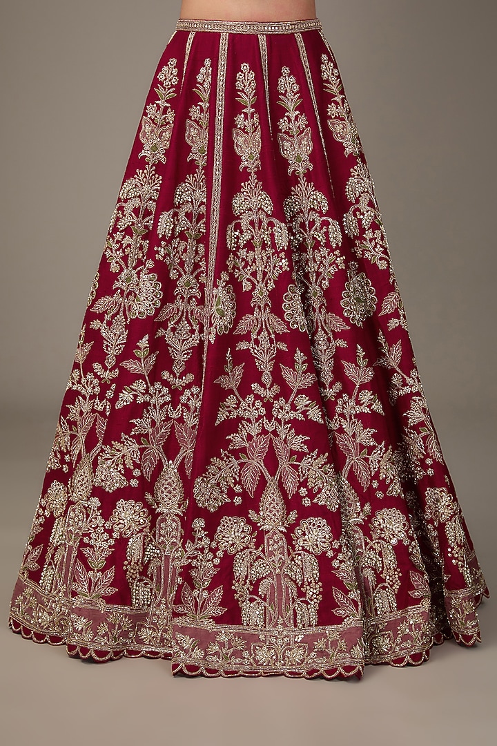 Red Raw Silk Tree-Motif Embroidered Bridal Lehenga Set by Ridhi Mehra at Pernia's Pop Up Shop