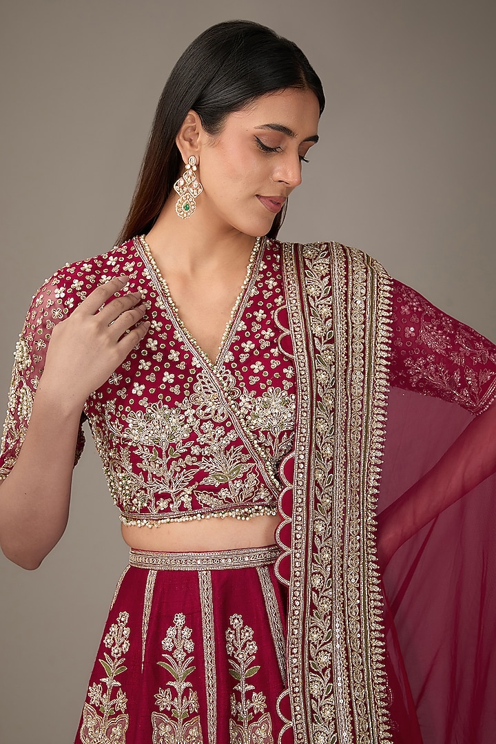 Red Raw Silk Tree-Motif Embroidered Bridal Lehenga Set by Ridhi Mehra at Pernia's Pop Up Shop