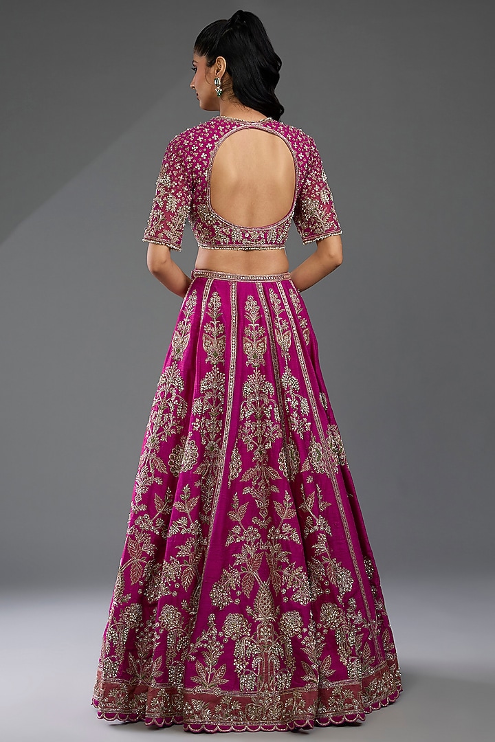 Deep Fuchsia Raw Silk Motif Embroidered Bridal Lehenga Set by Ridhi Mehra at Pernia's Pop Up Shop