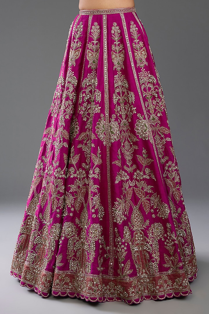 Deep Fuchsia Raw Silk Motif Embroidered Bridal Lehenga Set by Ridhi Mehra at Pernia's Pop Up Shop
