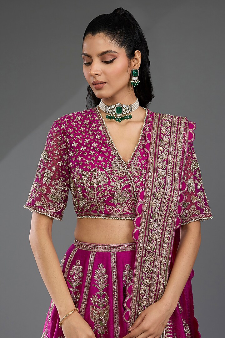Deep Fuchsia Raw Silk Motif Embroidered Bridal Lehenga Set by Ridhi Mehra at Pernia's Pop Up Shop