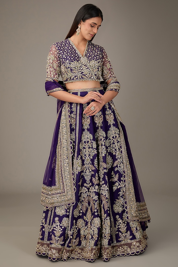 Purple Raw Silk Tree-Motif Embroidered Bridal Lehenga Set by Ridhi Mehra at Pernia's Pop Up Shop