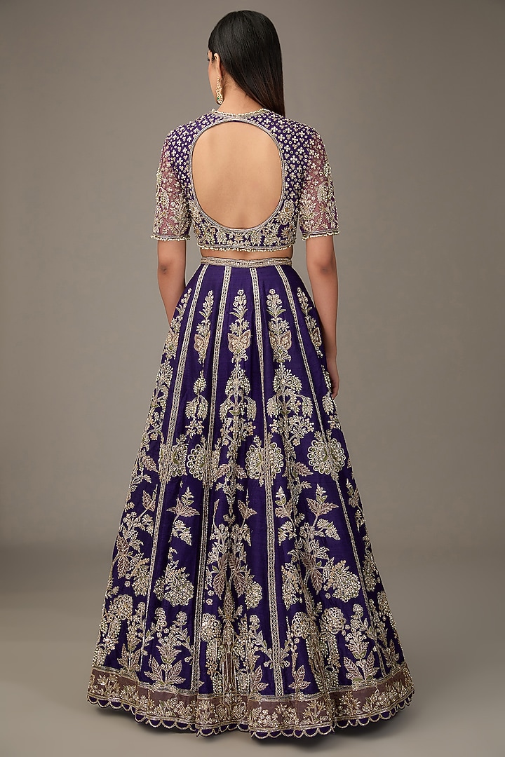 Purple Raw Silk Tree-Motif Embroidered Bridal Lehenga Set by Ridhi Mehra at Pernia's Pop Up Shop