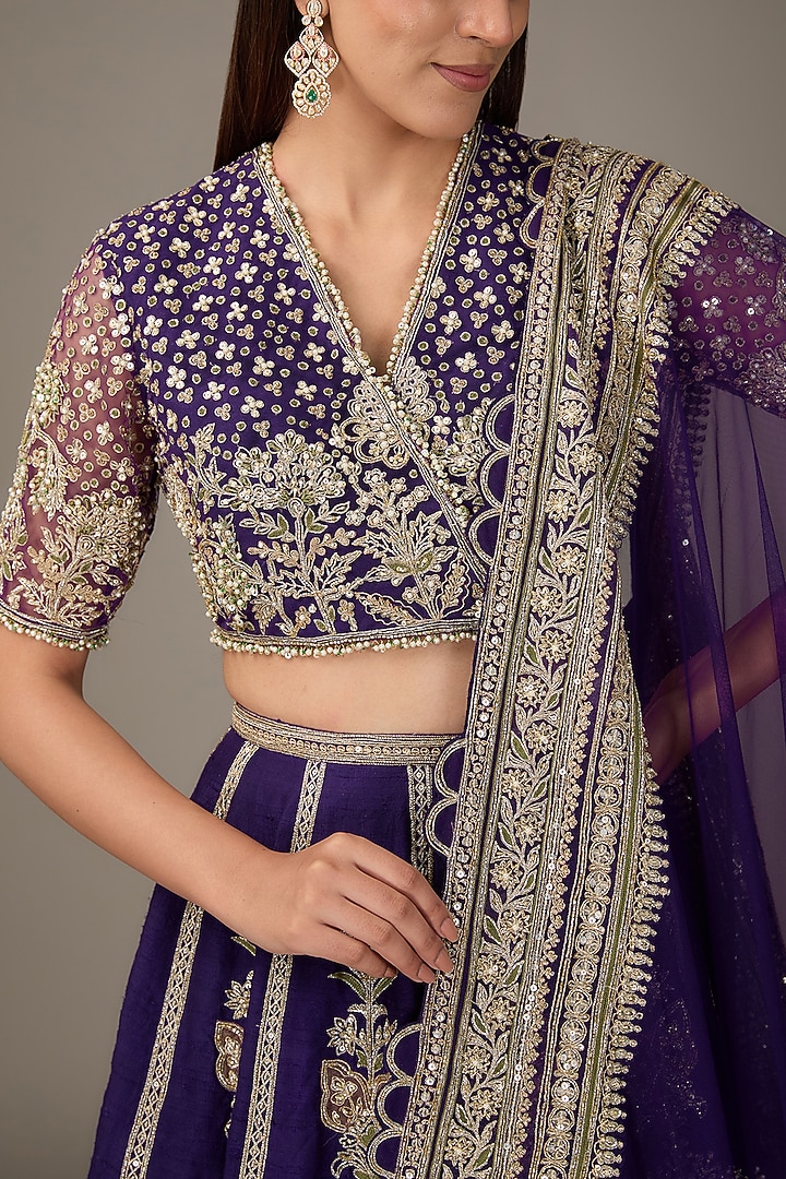 Purple Raw Silk Tree-Motif Embroidered Bridal Lehenga Set by Ridhi Mehra at Pernia's Pop Up Shop