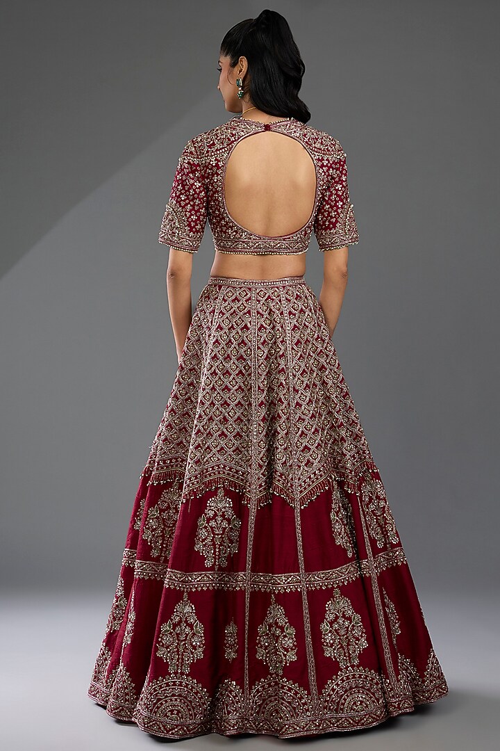 Red Raw Silk Motif Embroidered Bridal Lehenga Set by Ridhi Mehra at Pernia's Pop Up Shop