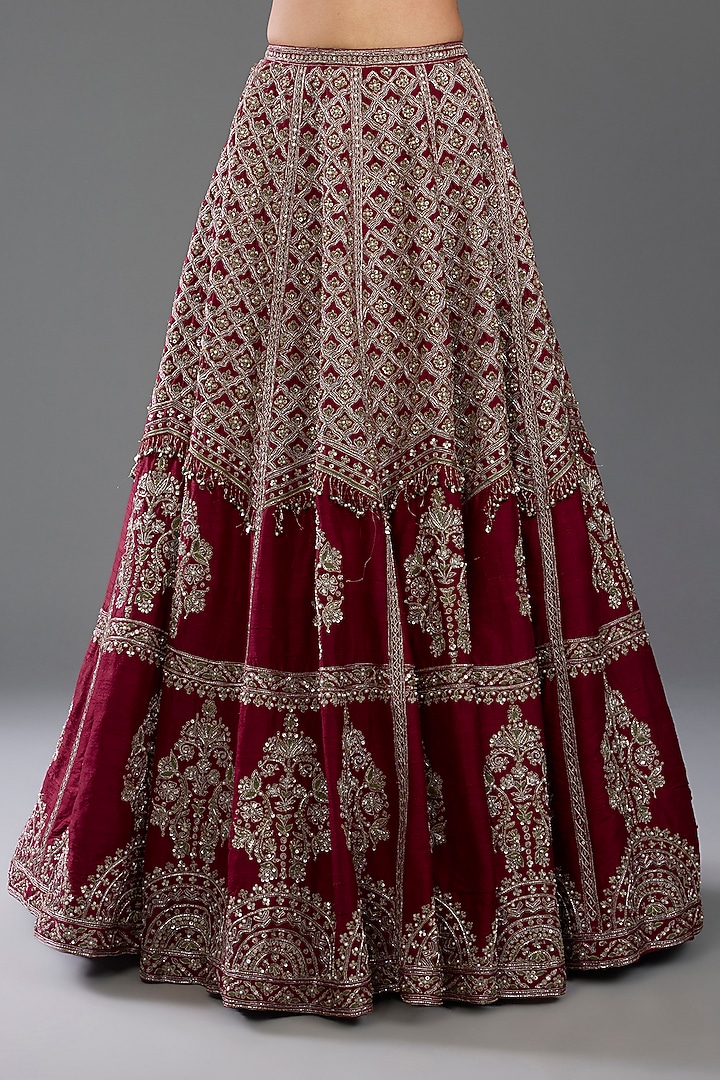 Red Raw Silk Motif Embroidered Bridal Lehenga Set by Ridhi Mehra at Pernia's Pop Up Shop