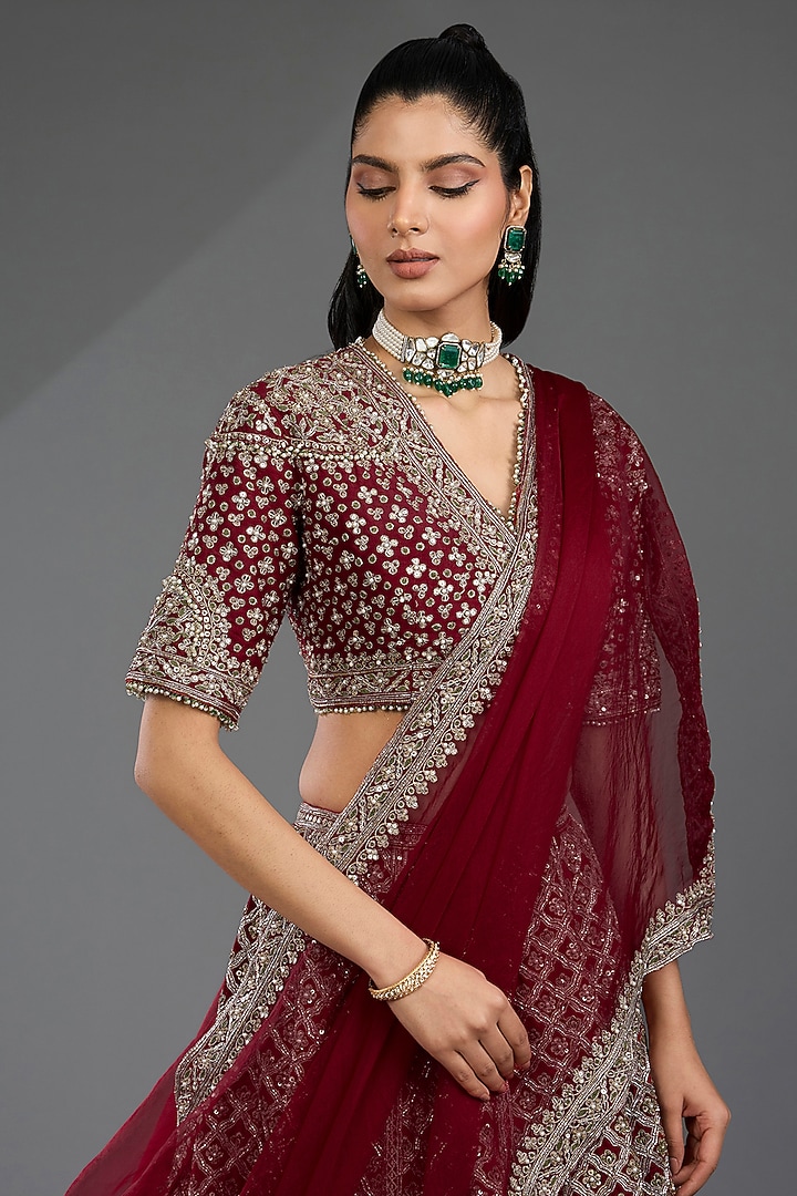 Red Raw Silk Motif Embroidered Bridal Lehenga Set by Ridhi Mehra at Pernia's Pop Up Shop