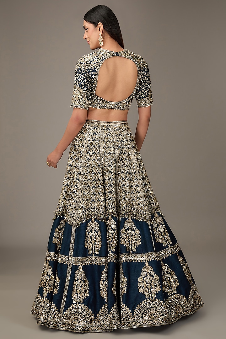 Navy Blue Raw Silk Tree-Motif Embroidered Bridal Lehenga Set by Ridhi Mehra at Pernia's Pop Up Shop