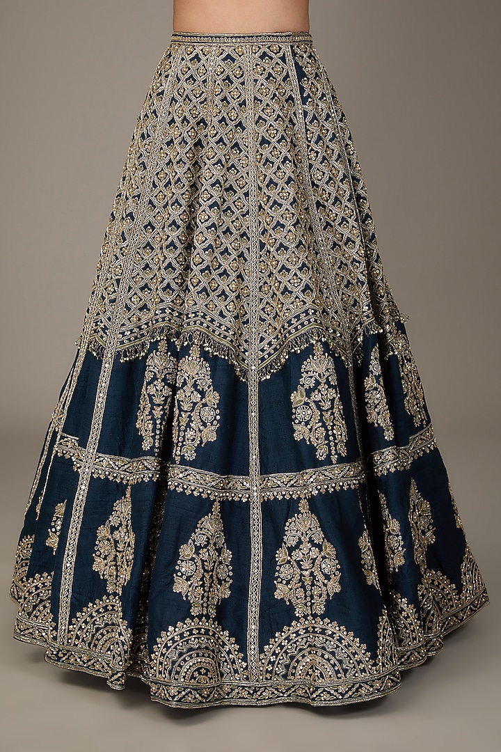 Navy Blue Raw Silk Tree-Motif Embroidered Bridal Lehenga Set by Ridhi Mehra at Pernia's Pop Up Shop
