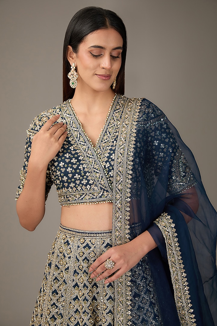 Navy Blue Raw Silk Tree-Motif Embroidered Bridal Lehenga Set by Ridhi Mehra at Pernia's Pop Up Shop