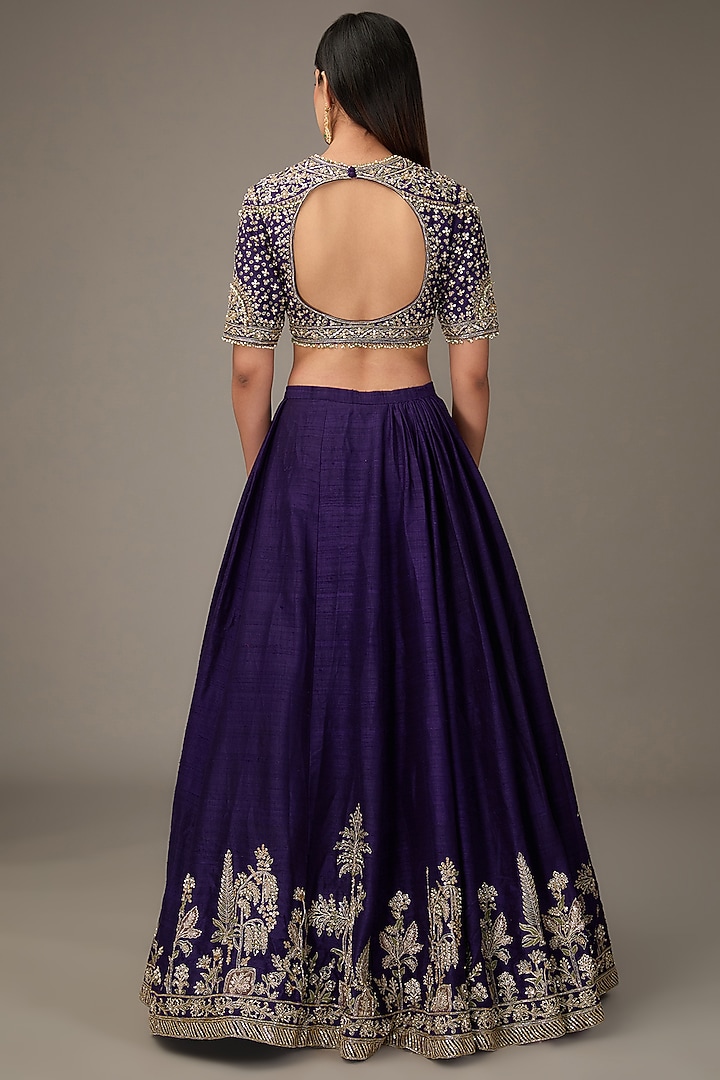 Purple Raw Silk Tree-Motif Embroidered Bridal Lehenga Set by Ridhi Mehra at Pernia's Pop Up Shop