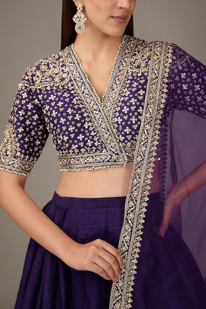 Purple Raw Silk Tree-Motif Embroidered Bridal Lehenga Set by Ridhi Mehra at Pernia's Pop Up Shop