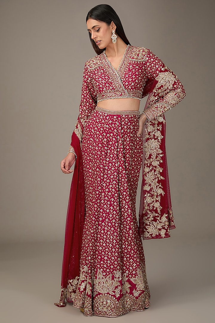 Red Raw Silk Tree-Motif Embroidered Skirt Saree Set by Ridhi Mehra at Pernia's Pop Up Shop