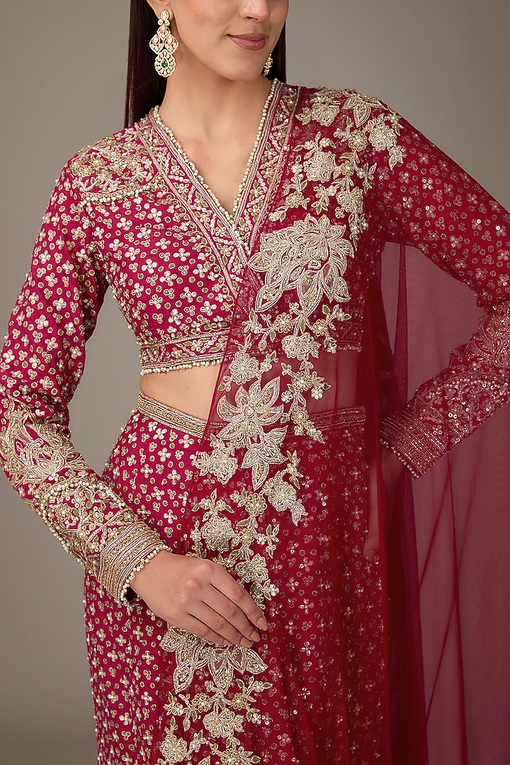 Red Raw Silk Tree-Motif Embroidered Skirt Bridal Saree Set by Ridhi Mehra at Pernia's Pop Up Shop