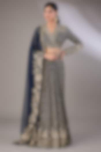 Navy Blue Raw Silk Tree-Motif Embroidered Skirt Saree Set by Ridhi Mehra at Pernia's Pop Up Shop